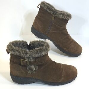 Lindsey Suede Ankle Boots Faux‎ Fur Trim Brown Winter Warm Size 7M Womans Khombu